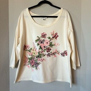 COLDWATER CREEK Plus 3X Floral Cotton Knit Tee Shirt Blouse Ivory